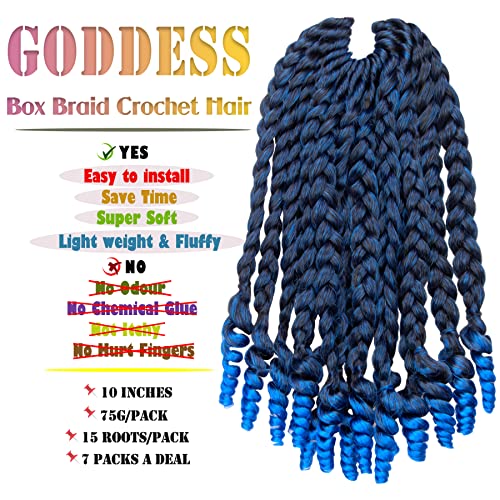 hahoness 7 Packs 10 Inches Goddess Box Braid Crochet Hair With Curly Ends Ombre Blue Hair Extensions For Black Women and Baby Kids(10 Inch-7Packs,T1B/BLUE) - Image 2