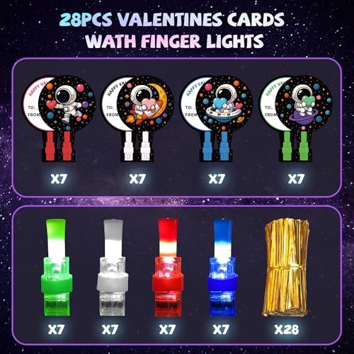 Gocozer 28 pack Valentines Day Gifts for Kids LED Finger Lights with Space Astronaut themed Valentines Cards for Kids Classroom Finger Flashlights Light Up Toys for Kids Bulk Preschool Valentines Gifts - Image 5
