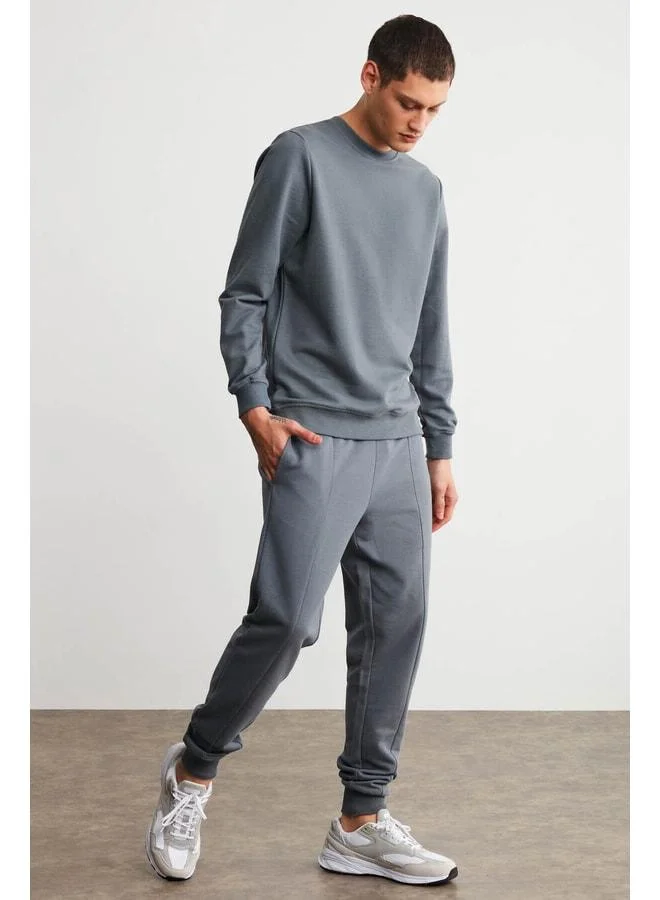 GRIMELANGE Fabian Men's Regular Fit Normal Cut Front Grooved Cord 3-Thread Inside Sherdan Grey Jogger Pants.