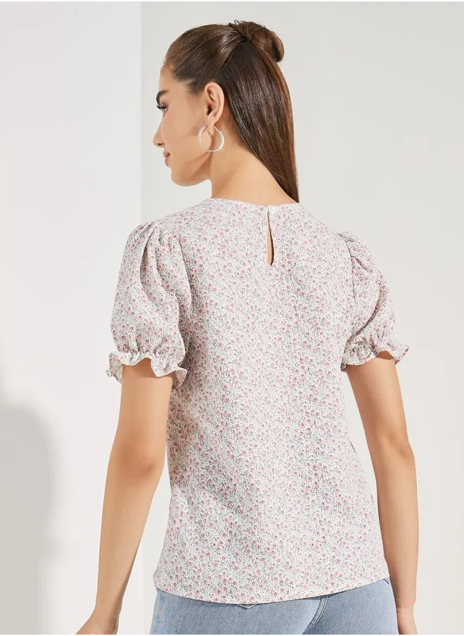 Styli All Over Print Top with Puff Sleeves