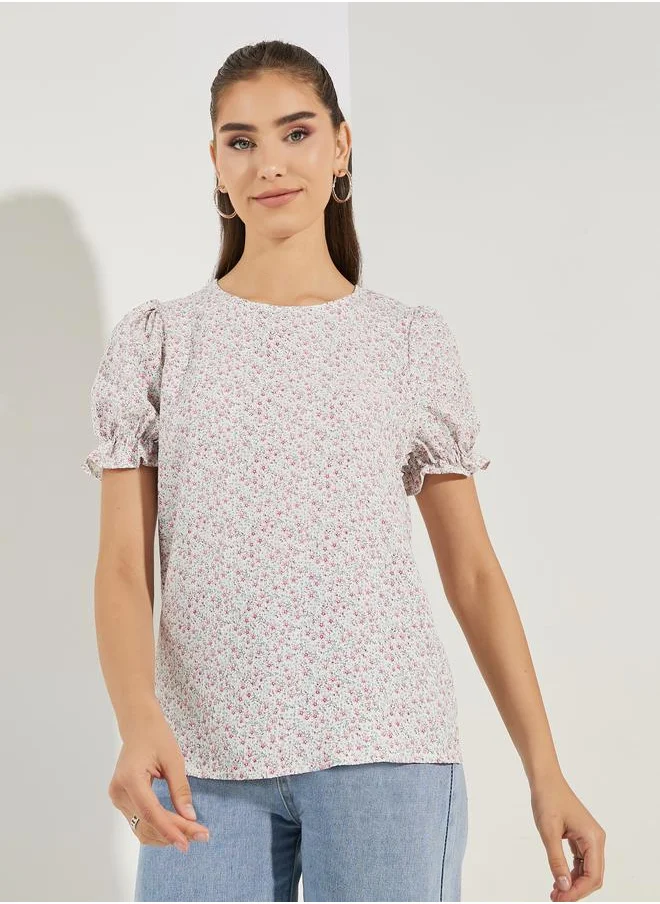 Styli All Over Print Top with Puff Sleeves