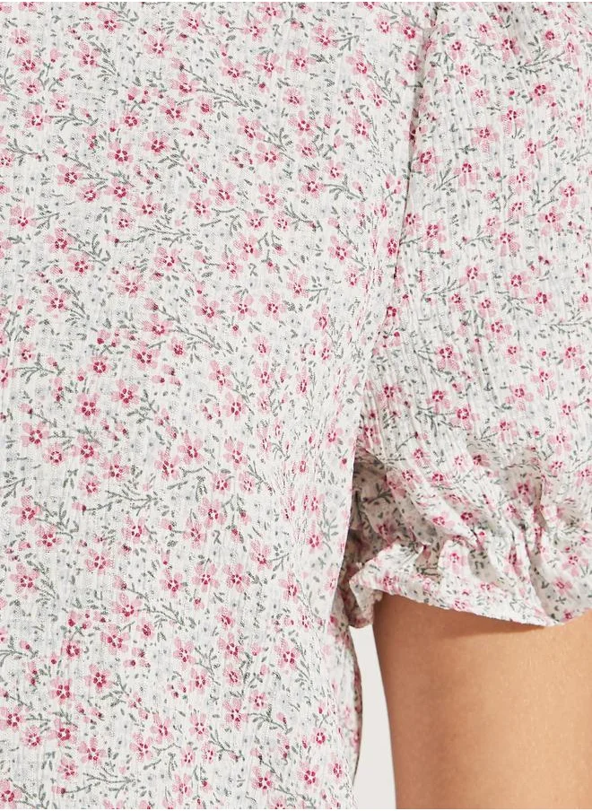 Styli All Over Print Top with Puff Sleeves