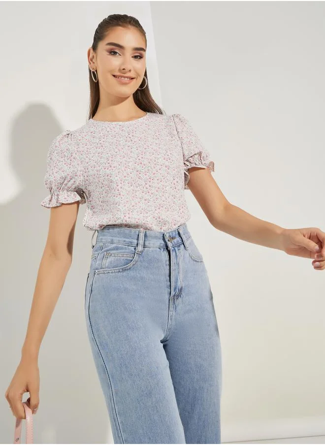 Styli All Over Print Top with Puff Sleeves