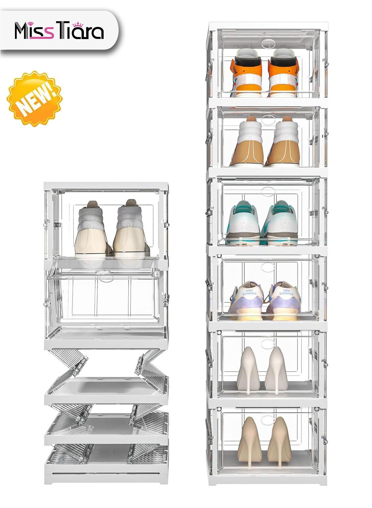 Shoe Storage Organizer, Clear Installation-free Foldable Shoe Rack Stackable Shoe Box Pack, Portable Cabinet Rack Magnetic Clear Doors Compact Foldable Space-Saving (6-Tier)
