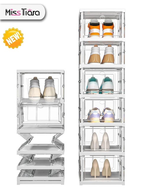 Shoe Storage Organizer, Clear Installation-free Foldable Shoe Rack Stackable Shoe Box Pack, Portable Cabinet Rack Magnetic Clear Doors Compact Foldable Space-Saving (6-Tier)