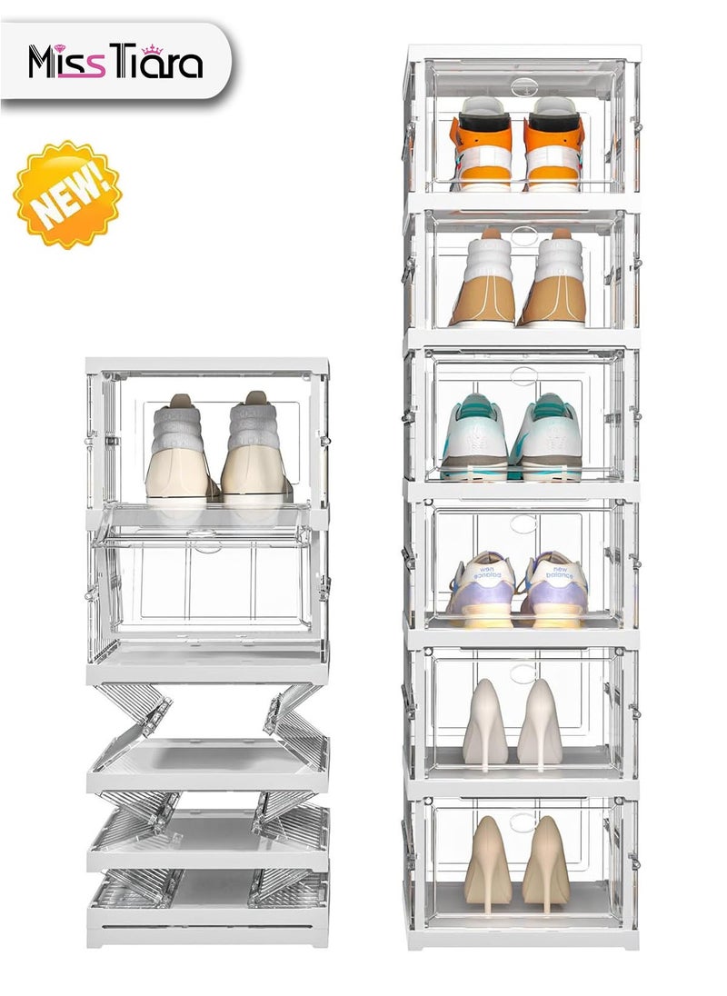 MissTiara - Shoe Storage Organizer, Clear Installation-free Foldable Shoe Rack Stackable Shoe Box Pack, Portable Cabinet Rack Magnetic Clear Doors Compact Foldable Space-Saving (6-Tier) - Image 1