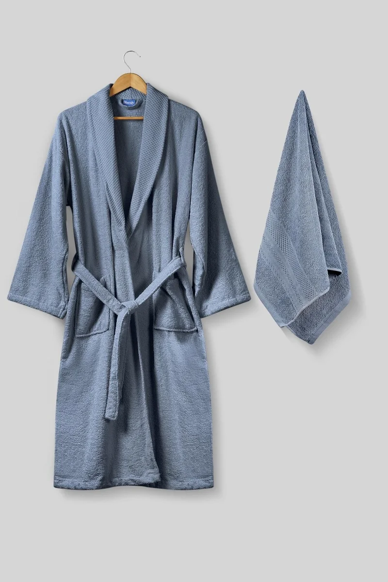 بلونيتي Softy-Natural Cotton Extra Soft Bathrobe L/XL+50X90 Towel Set-Blue
