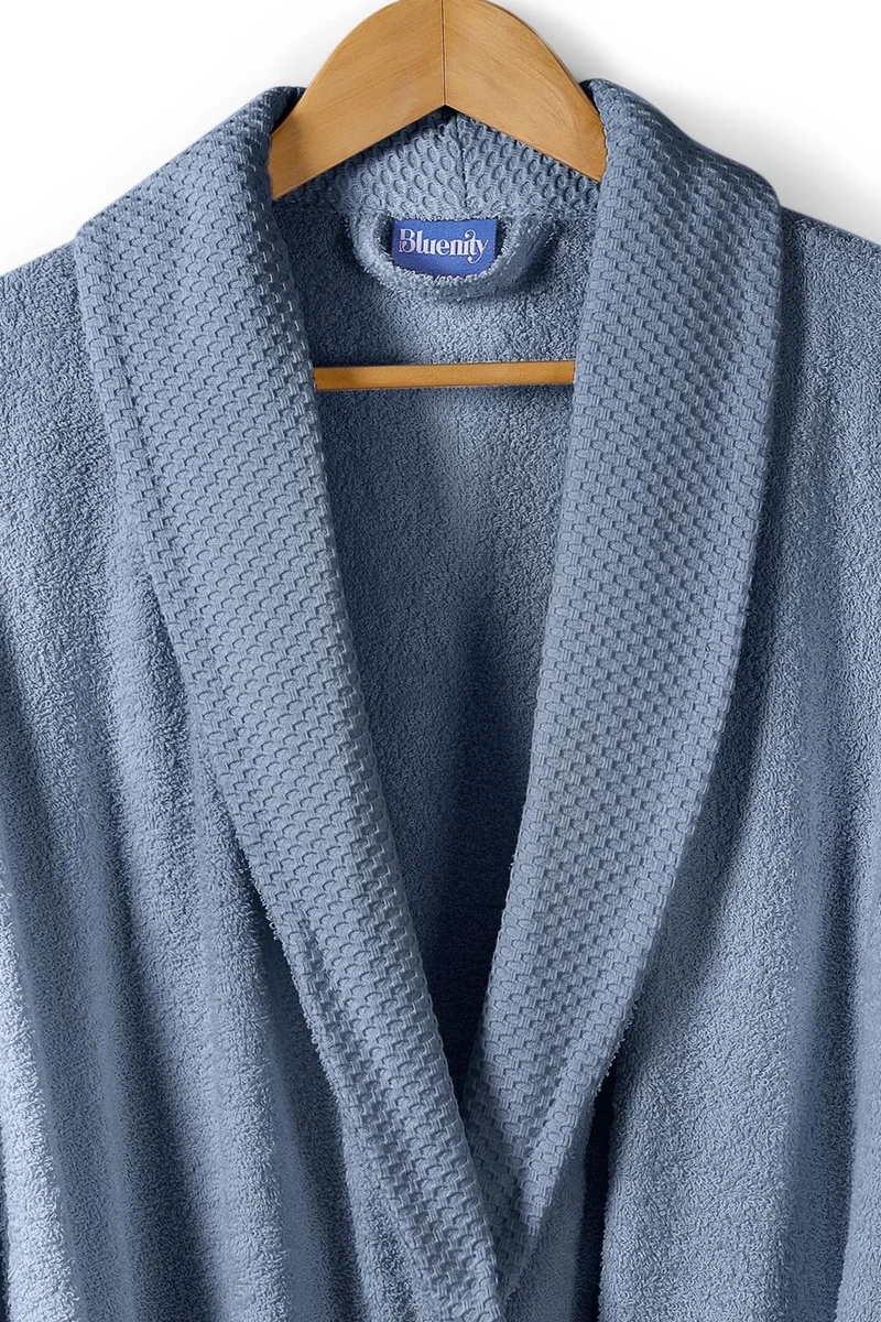 بلونيتي Softy-Natural Cotton Extra Soft Bathrobe L/XL+50X90 Towel Set-Blue