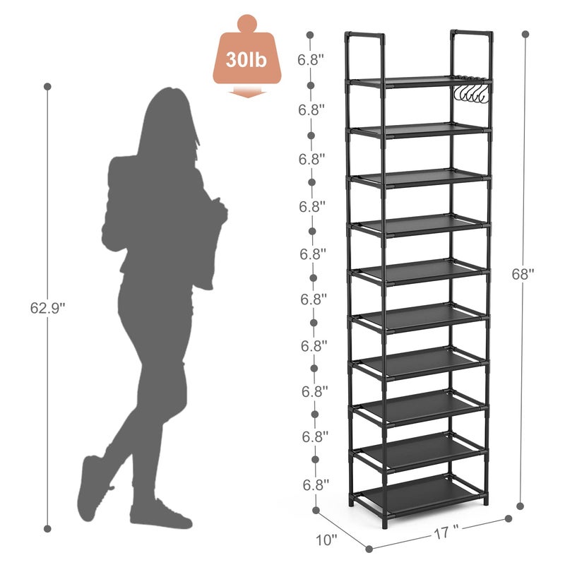 LANTEFUL 10 Tiers Tall Shoe Rack 20-25 Pairs Boots Organizer Storage Sturdy Narrow Shoe Shelf for Entryway, Closets with Hooks, Black - Image 3