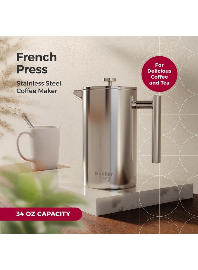 مولر ماكينة تحضير قهوة مكبس فرنسي من مولر ليفينج، سعة 34 أونصة، مصنوعة من الفولاذ المقاوم للصدأ، مزودة بـ 4 فلاتر مقاومة للحرارة، معزولة بشكل مزدوج، مقاومة للصدأ، آمنة للاستخدام في غسالة الأطباق. - Image 1