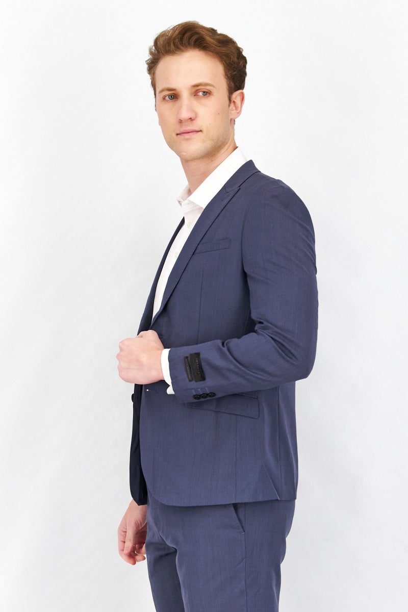 SELECTED Men Fitted Textured Long Sleeve Blazer, Blue Mirage - Image 3