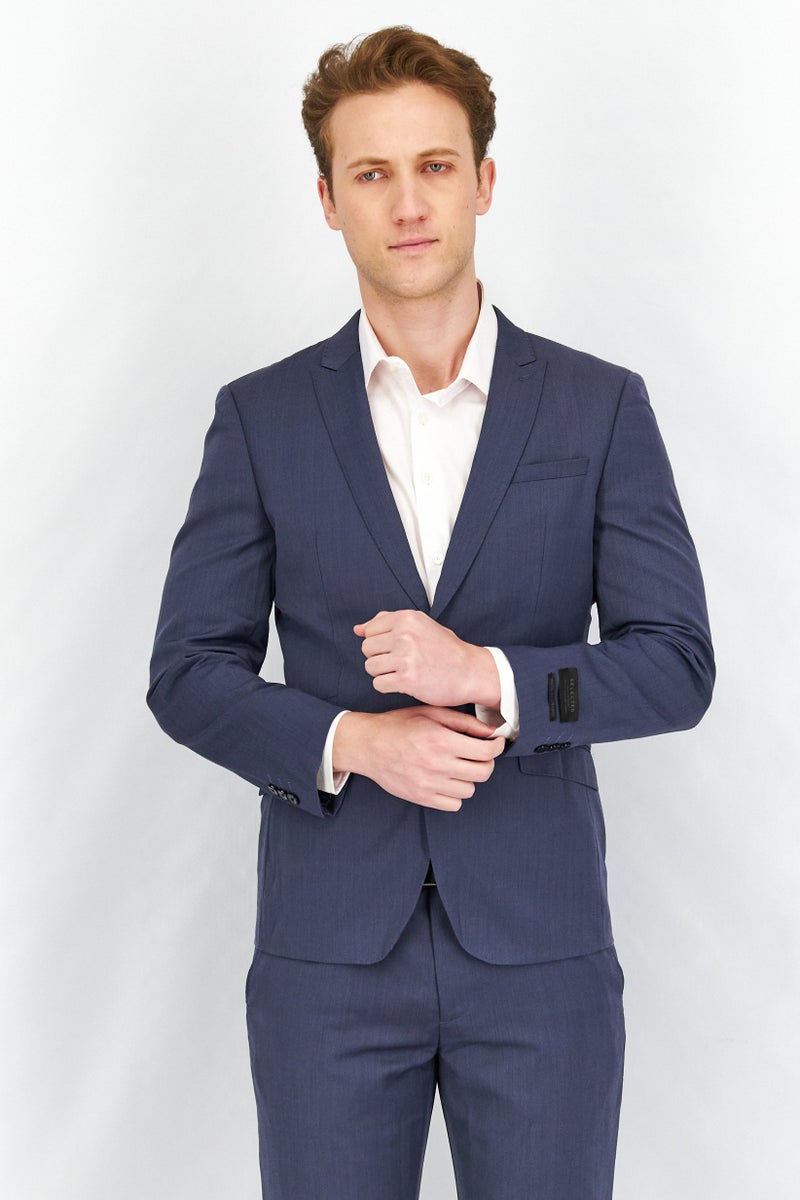 SELECTED Men Fitted Textured Long Sleeve Blazer, Blue Mirage - Image 1