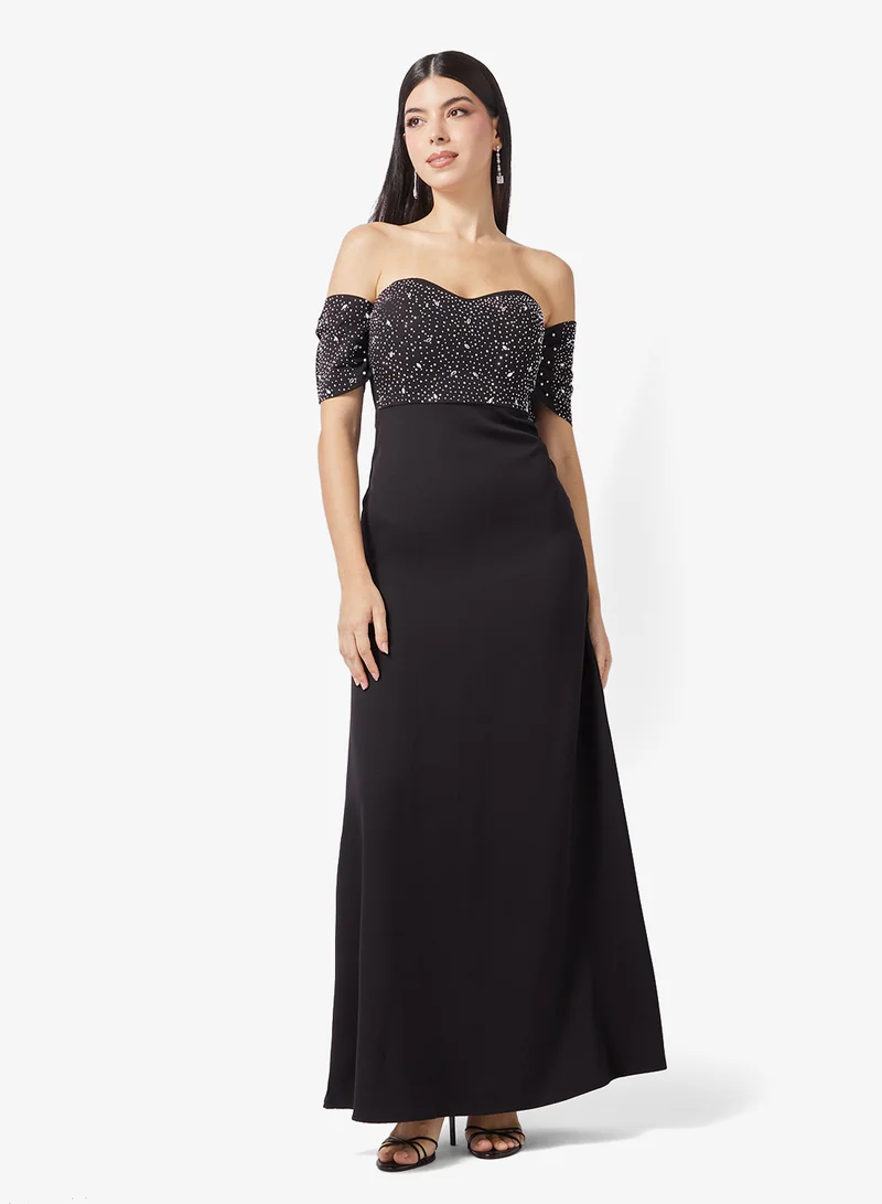 Off Shoulder Dress With Shimmer Bodice