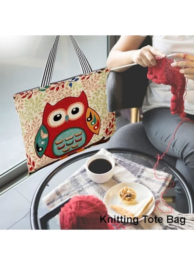 SYOSI Knitting Tote Bag - Large Knitting Bag with Zipper, Embroidered Shoulder Portable Beach Bag, Reusable Shopping Bags, Cute Owl Pattern Crochet Bag for Shopping Traval Climb Mountain - Image 4
