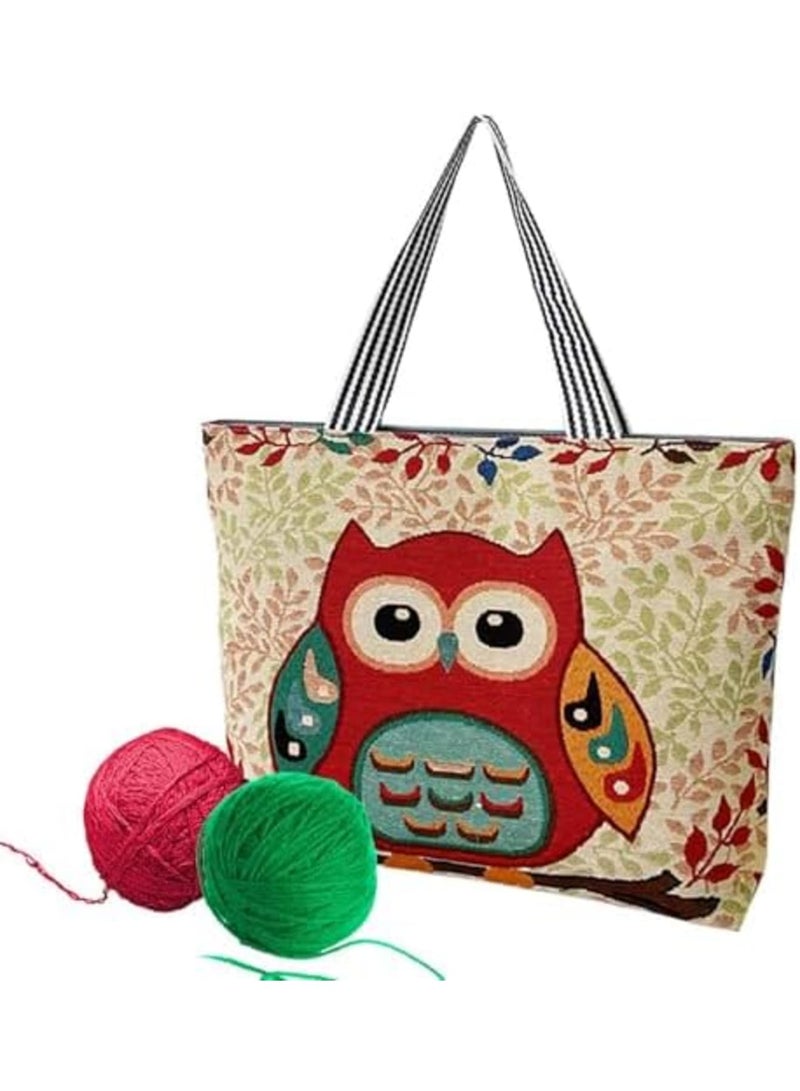 SYOSI Knitting Tote Bag - Large Knitting Bag with Zipper, Embroidered Shoulder Portable Beach Bag, Reusable Shopping Bags, Cute Owl Pattern Crochet Bag for Shopping Traval Climb Mountain - Image 1