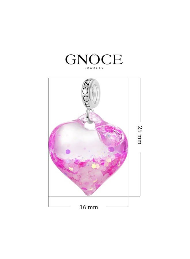 GNOCE Charm Pendant Sparkling Heart Pendant 925 Sterling Silver Bead Charms for Bracelet Jewellery Gift for Woman Fit Bracelets / Necklace (Pink) - Image 3