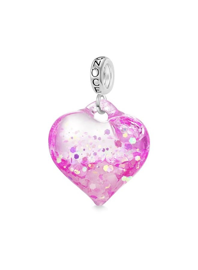 GNOCE Charm Pendant Sparkling Heart Pendant 925 Sterling Silver Bead Charms for Bracelet Jewellery Gift for Woman Fit Bracelets / Necklace (Pink) - Image 1