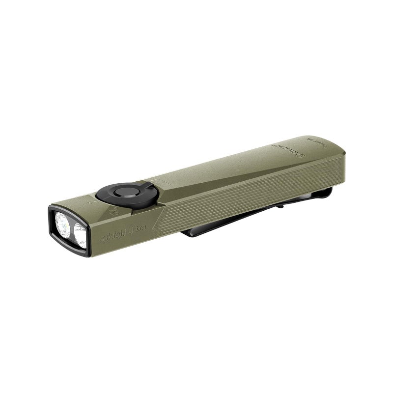 OLIGHT Arkfeld Ultra 1400 Lumens EDC Flat Flashlight Rechargeable Compact Pocket Flash Light Combines White LED UV and Green Beam Triple Sources Perfect for Checking Working OliveGreen