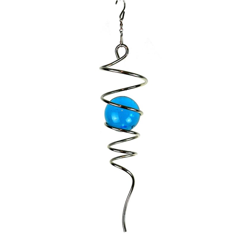 FONMY Gazing Ball Spiral Tail -Decorative Wind Spinner 11" inch Tail and 2" inch Glass Orb. Indoor Outdoor Garden Decoration Silver Blue -13 inch Height