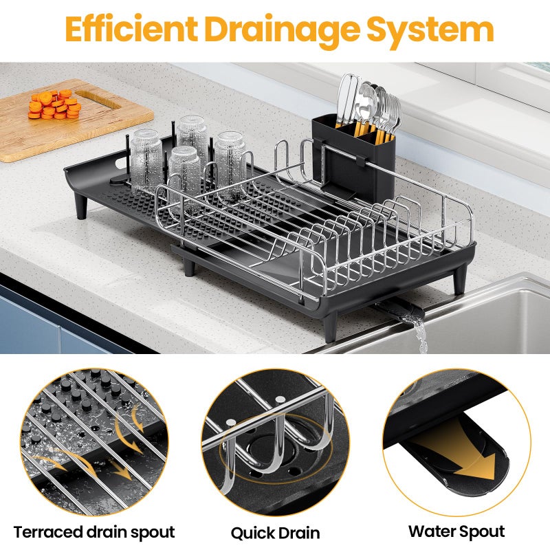 TOOLF Expandable Dish Rack, Dish Drying Rack for Kitchen Counter, Foldable Dish Dryer Rack, Stainless Steel Dish Drainer Racks with Cutlery Holder, Collapsible Dish Drying Racks Large Size,Black - Image 5