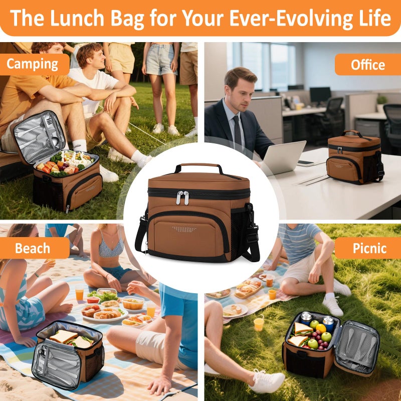 Vankor Insulated Lunch Bag for Men Women, Reusable Lunch Box Leakproof Cooler Lunch Tote Bag with Adjustable Shoulder Strap for Work Office Picnic Beach Travel, Coffee - Image 5