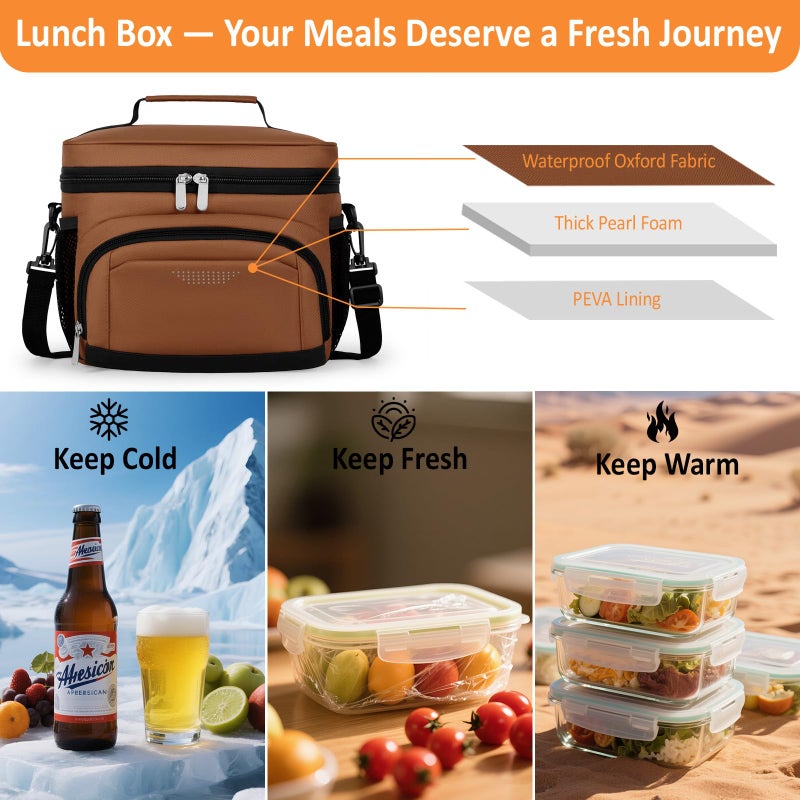 Vankor Insulated Lunch Bag for Men Women, Reusable Lunch Box Leakproof Cooler Lunch Tote Bag with Adjustable Shoulder Strap for Work Office Picnic Beach Travel, Coffee - Image 2