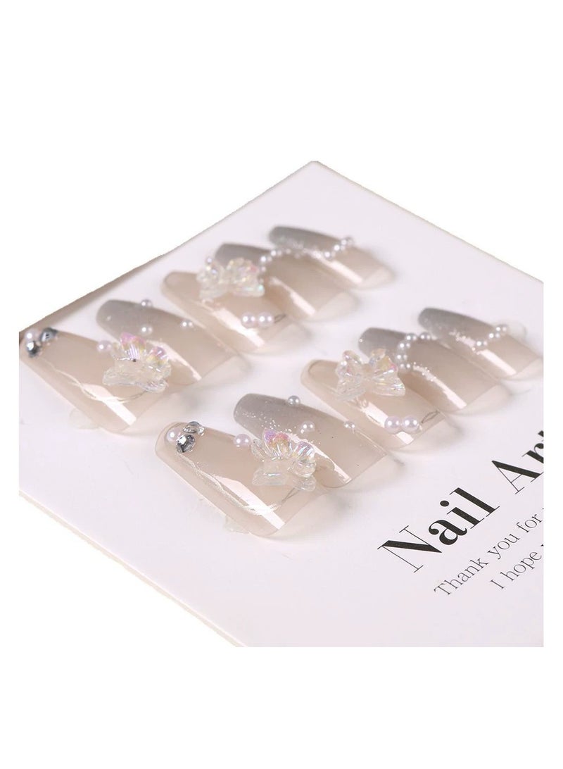Goolsky 24Pcs Aurora Butterfly Silver Gray French Medium Coffin Press On Nails with Pearl Chain Elegant False Nail Tips  - Image 4