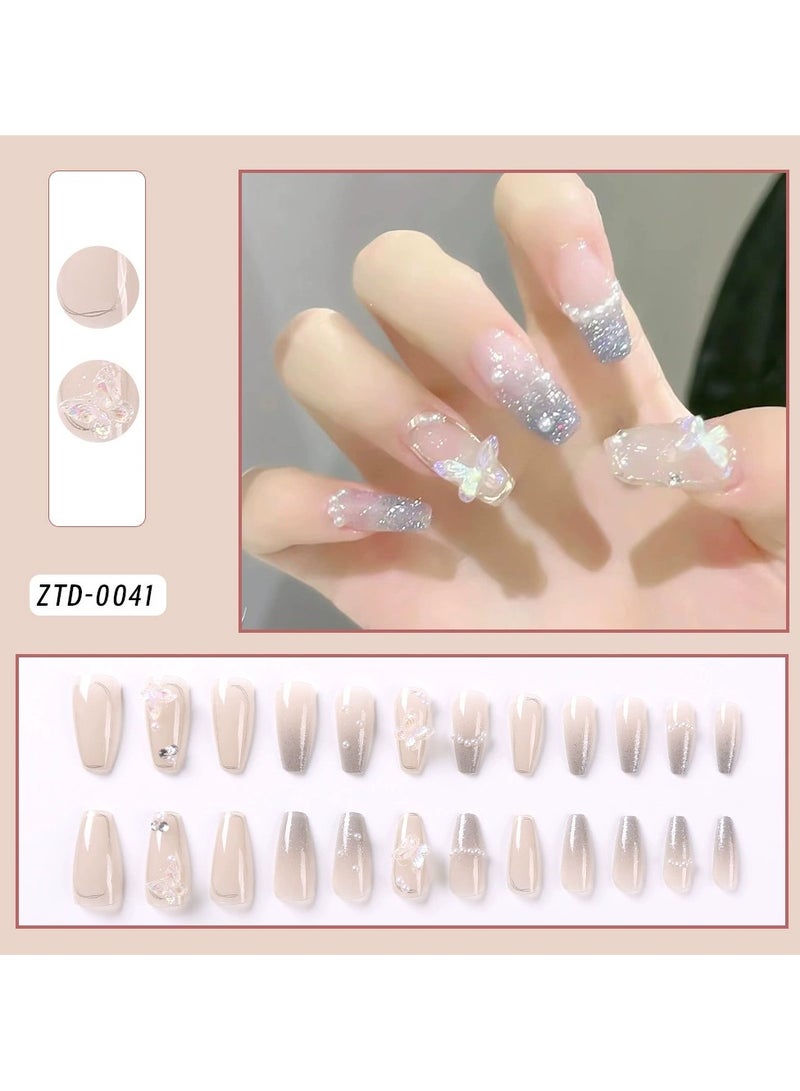 Goolsky 24Pcs Aurora Butterfly Silver Gray French Medium Coffin Press On Nails with Pearl Chain Elegant False Nail Tips  - Image 2