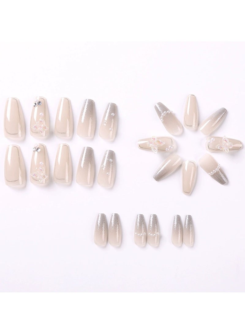 Goolsky 24Pcs Aurora Butterfly Silver Gray French Medium Coffin Press On Nails with Pearl Chain Elegant False Nail Tips  - Image 3