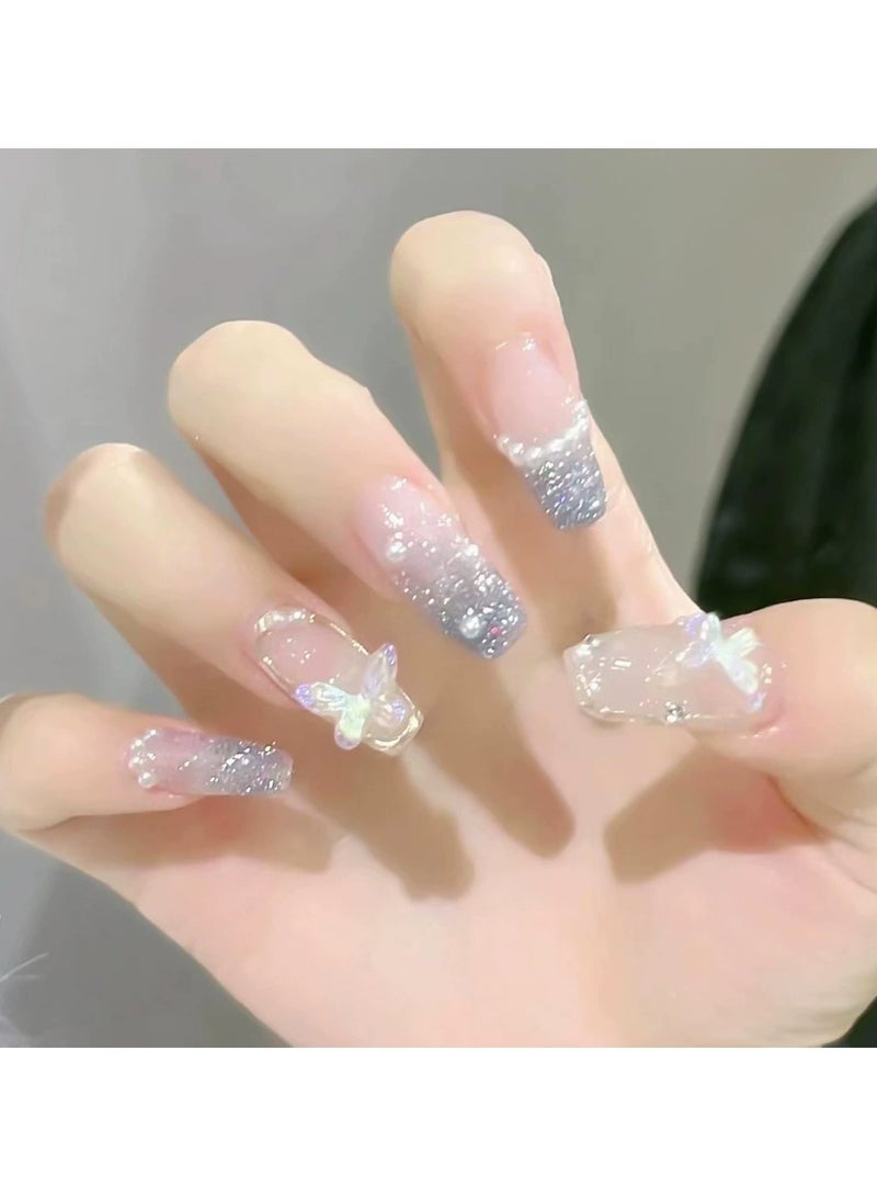 Goolsky 24Pcs Aurora Butterfly Silver Gray French Medium Coffin Press On Nails – With Pearl Chain Elegant False Nail Tips, Reusable, Party/Formal Wear - Image 1