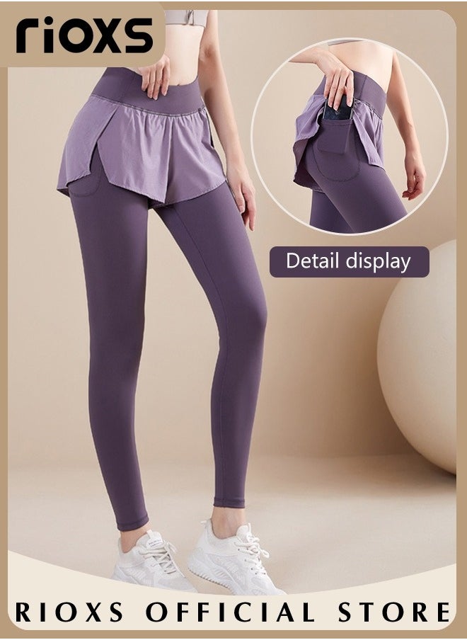 RIOXS Women High Waist Yoga Pants Fake Two Pieces Seamless Leggings High Elastic Tights for Yoga Fitness Running  - Image 4