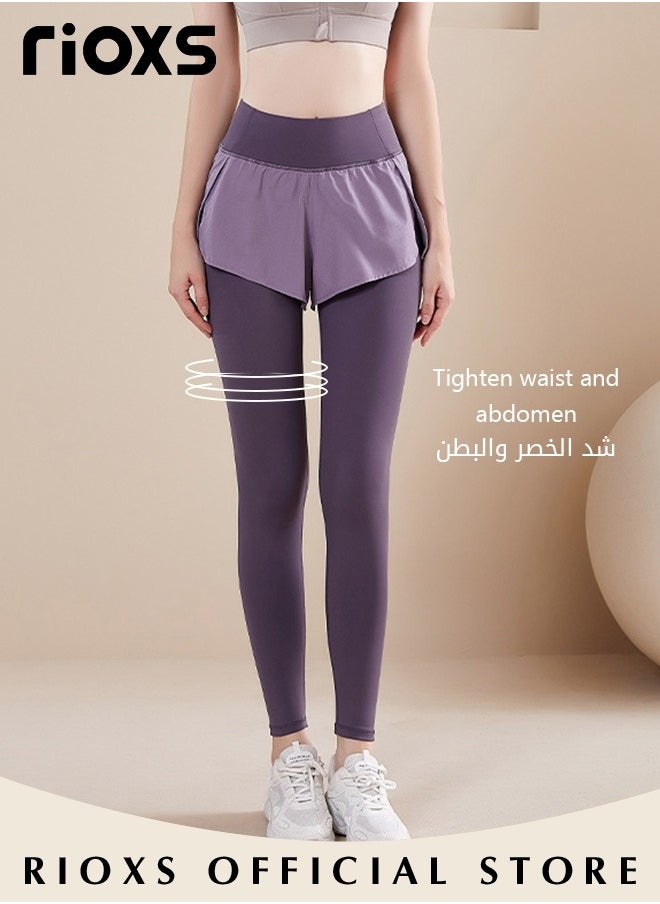 RIOXS Women High Waist Yoga Pants Fake Two Pieces Seamless Leggings High Elastic Tights for Yoga Fitness Running  - Image 2