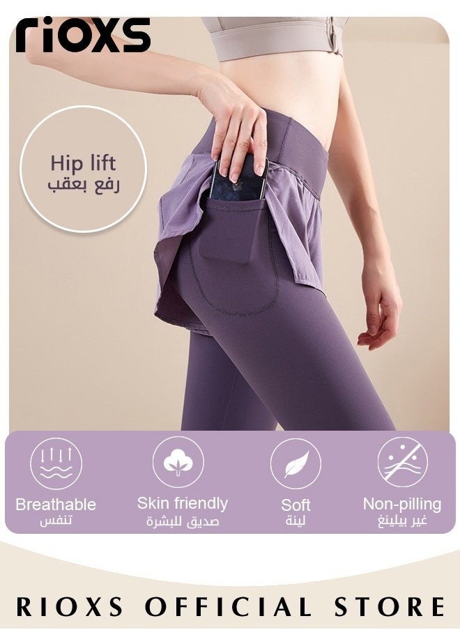 RIOXS Women High Waist Yoga Pants Fake Two Pieces Seamless Leggings High Elastic Tights for Yoga Fitness Running  - Image 5
