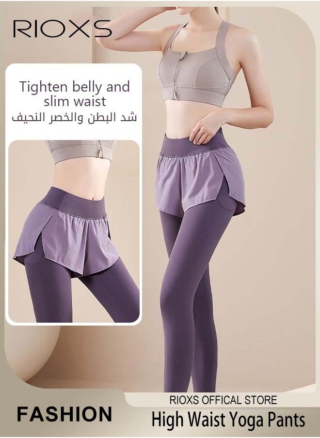 RIOXS Women High Waist Yoga Pants Fake Two Pieces Seamless Leggings High Elastic Tights for Yoga Fitness Running  - Image 1