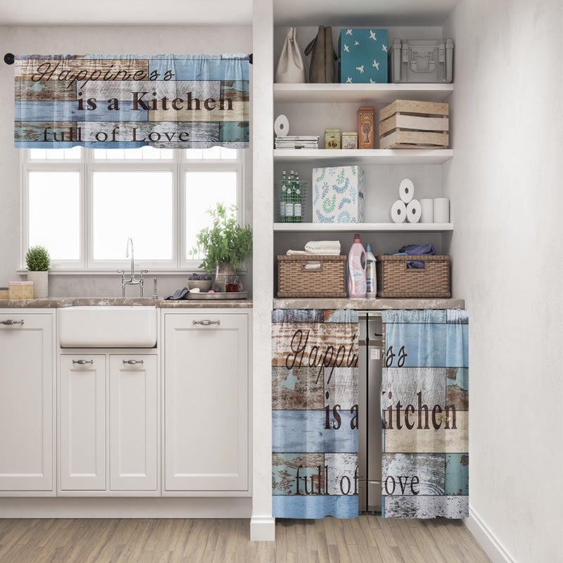 Tayney Farmhouse Kitchen Window Curtains Valance and Tier Set 36 Inch Wooden Full of Love Happiness Rod Pocket Short Tier Curtain, Vintage Small Drapes for Kitchen Decor - Image 2