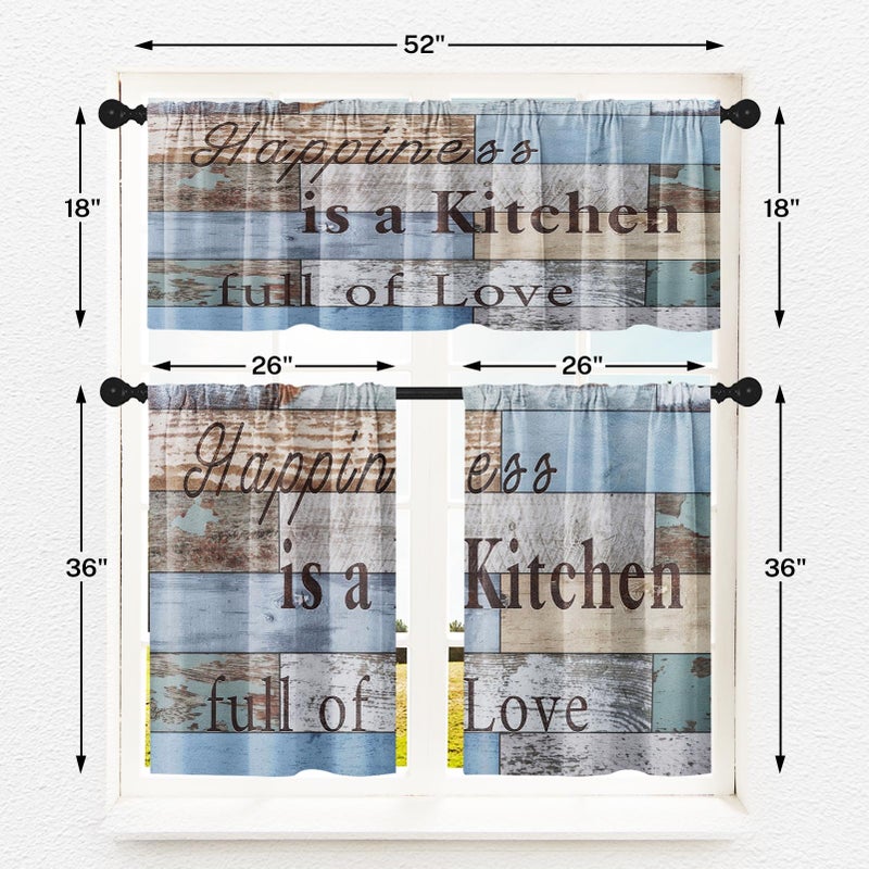 Tayney Farmhouse Kitchen Window Curtains Valance and Tier Set 36 Inch Wooden Full of Love Happiness Rod Pocket Short Tier Curtain, Vintage Small Drapes for Kitchen Decor - Image 4