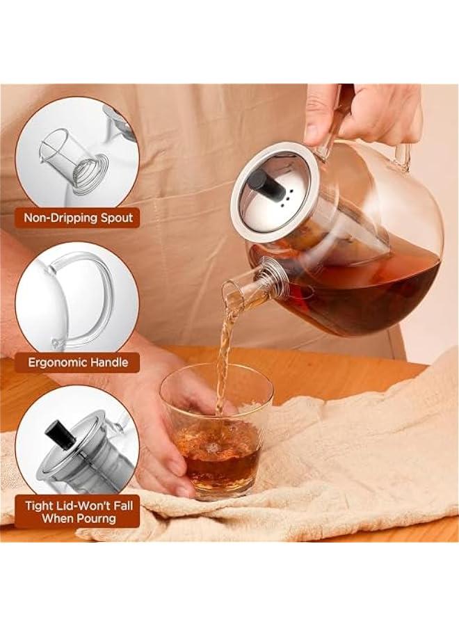 هوكور ابريق شاي زجاجي سعة 1500 مل مع مصفاة قابلة للازالة من بايبي، ابريق شاي كبير امن للاستخدام على الموقد، غلاية مصنوعة يدويا للنساء والكبار مع مصفاة من الستانلس ستيل - Image 3