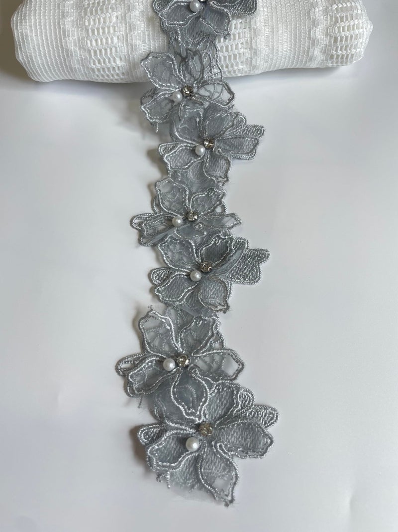 Buysk 2 Yards 3D Pearl Beads Flower Lace Trim Ribbon Floral Applique Embroidered Lace Fabric for Sewing DIY Crafts Grey - Image 3