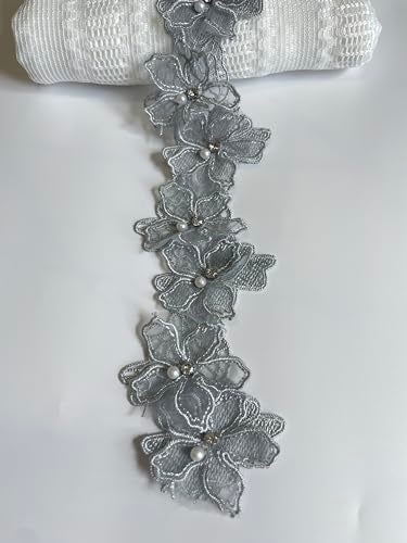 Buysk 2 Yards 3D Pearl Beads Flower Lace Trim Ribbon Floral Applique Embroidered Lace Fabric for Sewing DIY Crafts Grey - Image 1