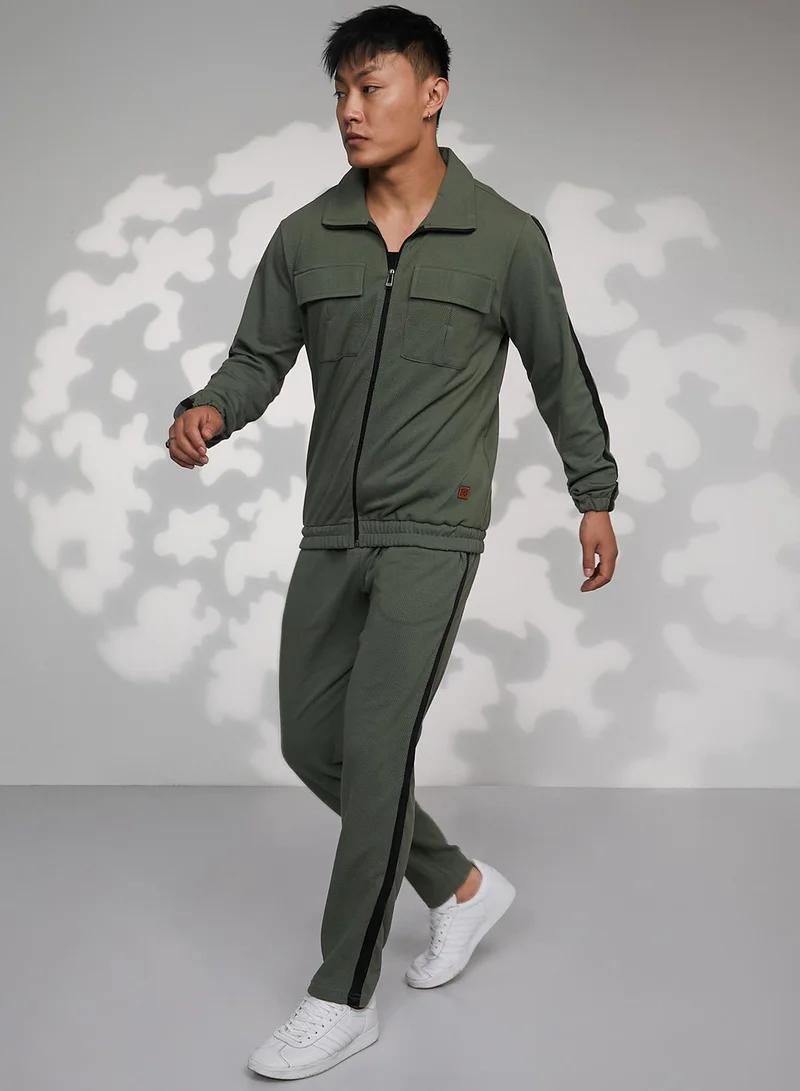 Campus Sutra Men's Olive Green Zip-Front Track Co-Ord Set