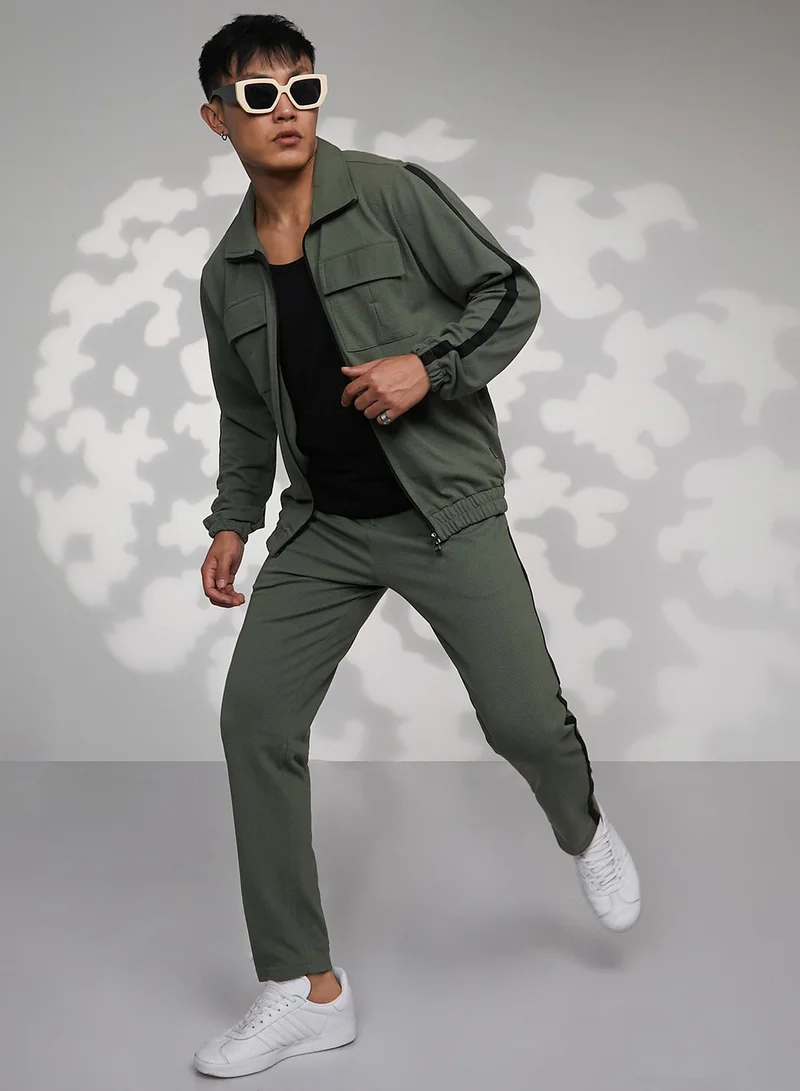 Campus Sutra Men's Olive Green Zip-Front Track Co-Ord Set