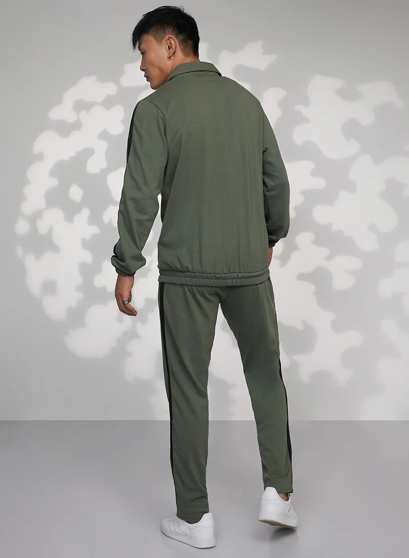 Campus Sutra Men's Olive Green Zip-Front Track Co-Ord Set