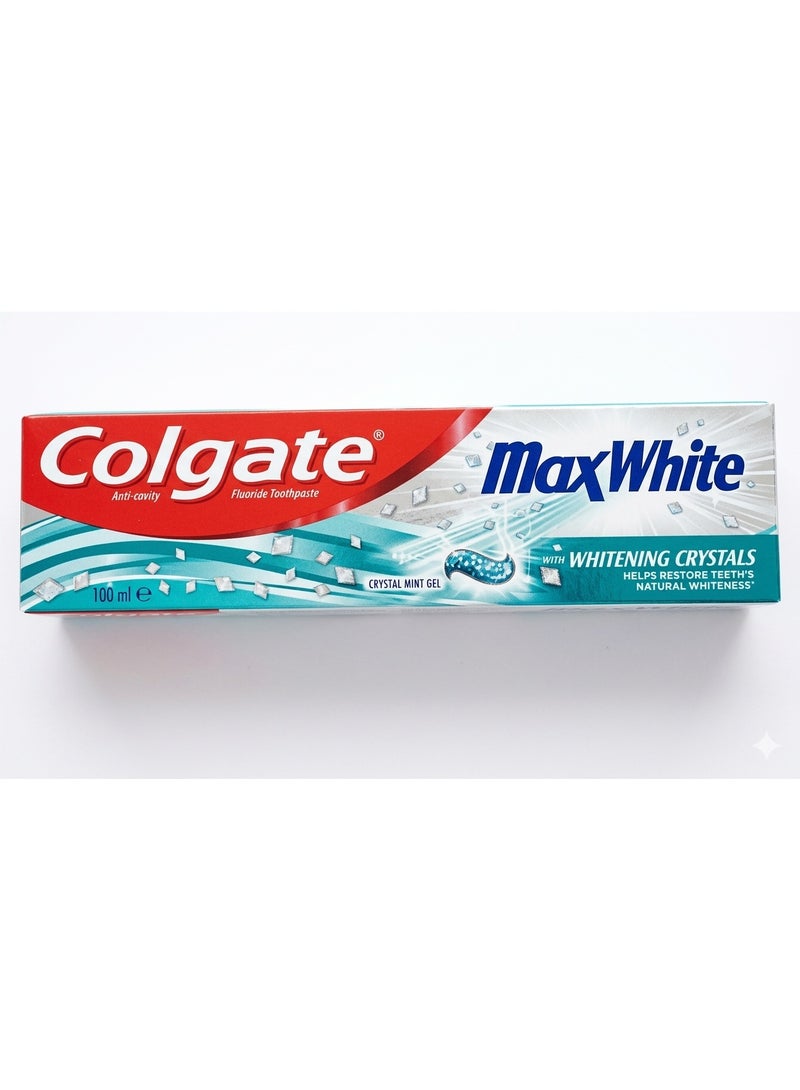 Colgate Max White Crystal Mint Gel Toothpaste.  Features:  Key Ingredients: Contains micro-whitening crystals that dissolve during brushing. Also contains fluoride for cavity protection.  Benefits:  Helps restore teeth's natural whiteness.  Removes surface stains caused by food and drink.  Provides a long-lasting feeling of freshness thanks to its crystal mint flavor.  Helps protect against cavities and strengthen tooth enamel.  Usage: Designed for daily use.  Size: 100 ml.  Medical Note: Always consult your dentist for the best advice on dental care and the products best suited to your needs