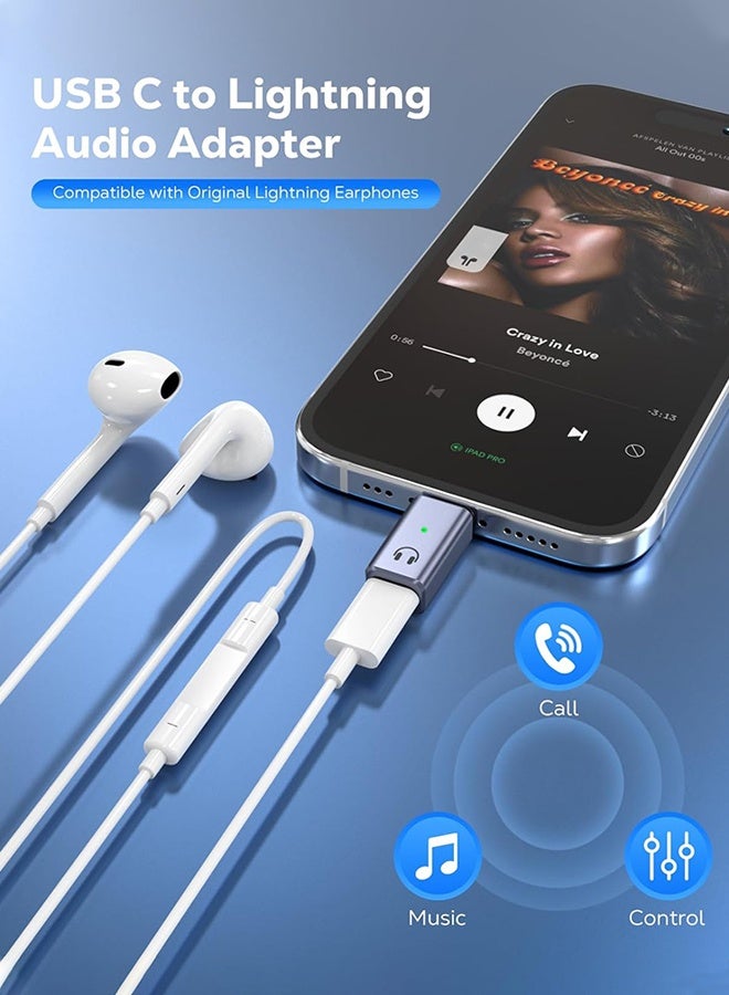 يونيك متوافق مع محول الصوت من USB C إلى Lightning، محول سماعة رأس من USB C إلى Lightning مع ضوء مؤشر، محول من Lightning إلى USB C لأجهزة iPhone 17 و16 و15، iPad والمزيد - مع دعم المكالمات/الاستماع/التحكم في الخط - باللون الرمادي - Image 3