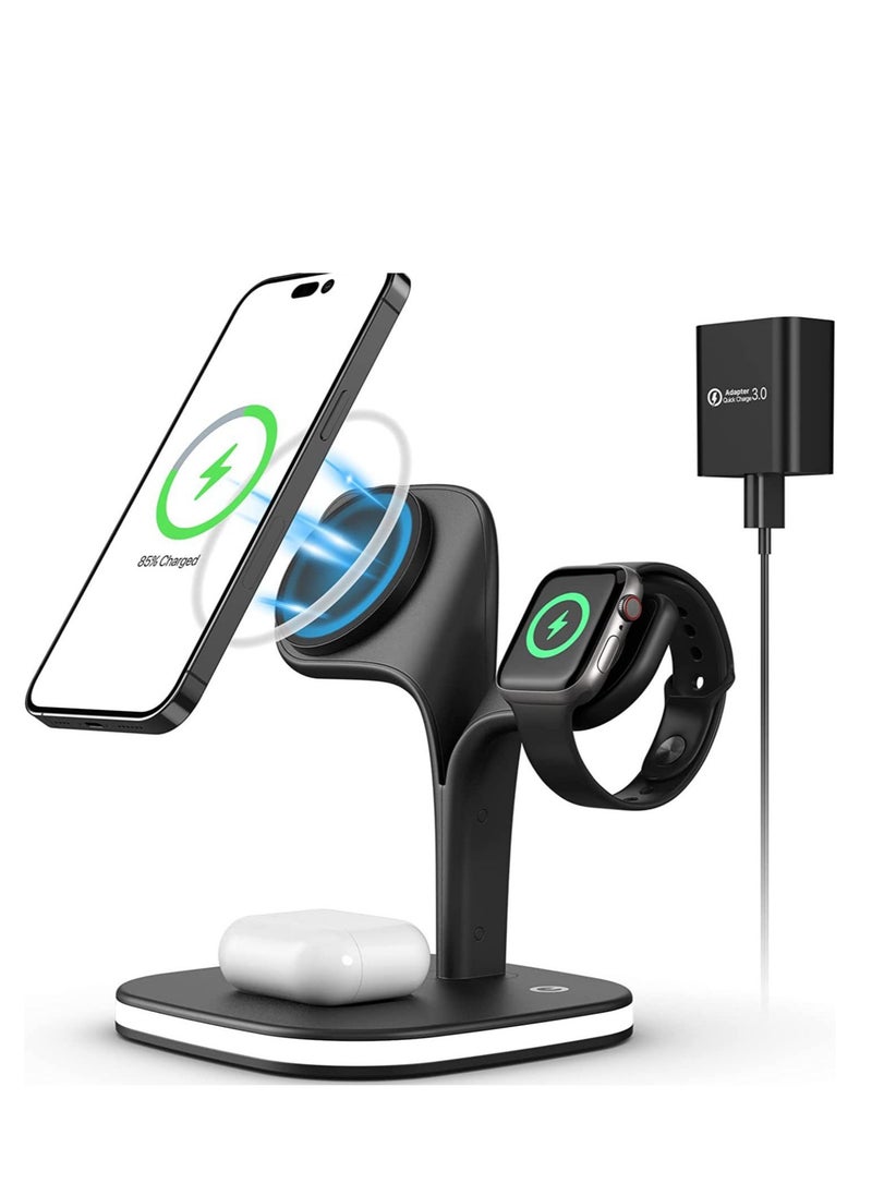 Generic - 5 in 1 Magnetic Wireless Charger 15W Fast Charging Station Phone Holder For Magsafe iPhone 16 15 14 13 12 Pro Max for Apple Watch Airpods Compatible Multiple Device Charger Night Table lamp Stand (B - Image 1