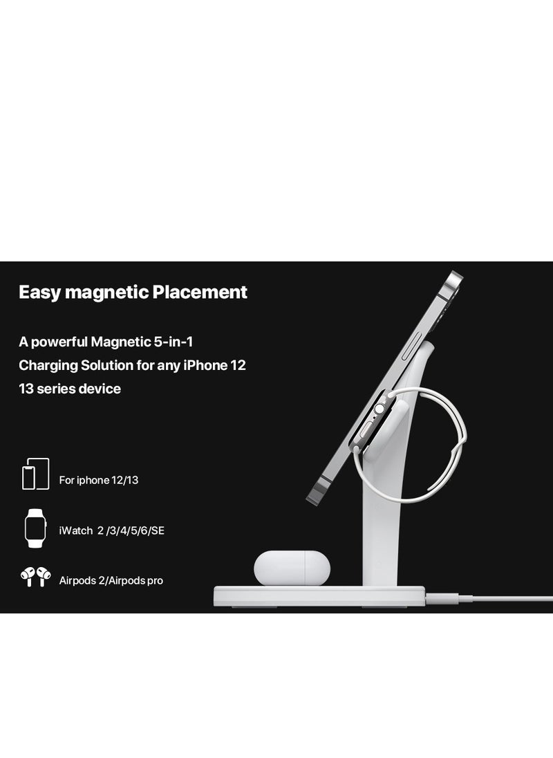 Generic - 5 in 1 Magnetic Wireless Charger 15W Fast Charging Station Phone Holder For Magsafe iPhone 16 15 14 13 12 Pro Max for Apple Watch Airpods Compatible Multiple Device Charger Night Table lamp Stand (B - Image 1