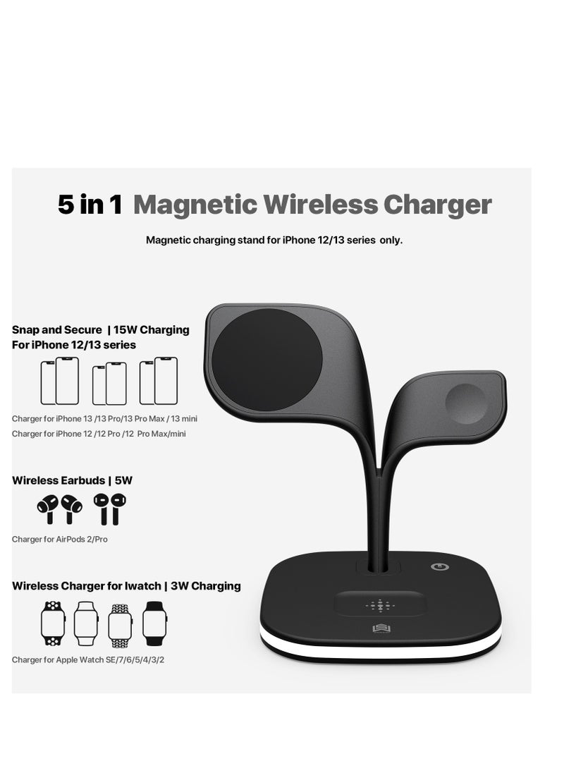 Generic - 5 in 1 Magnetic Wireless Charger 15W Fast Charging Station Phone Holder For Magsafe iPhone 16 15 14 13 12 Pro Max for Apple Watch Airpods Compatible Multiple Device Charger Night Table lamp Stand (B - Image 1