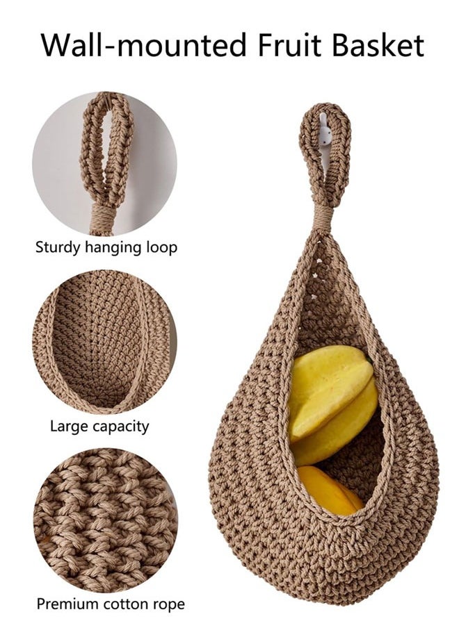 وهاواي 3 Pack Hanging Fruit Baskets for Kitchen, Boho Wall Hanging Fruit Baskets with 3 Hooks, Handwoven Hanging Holder Teardrop Home Produce Basket for Fruits Vegetable Potato Onion Storage Brown  - Image 2