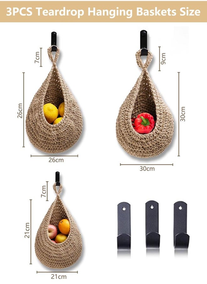 وهاواي 3 Pack Hanging Fruit Baskets for Kitchen, Boho Wall Hanging Fruit Baskets with 3 Hooks, Handwoven Hanging Holder Teardrop Home Produce Basket for Fruits Vegetable Potato Onion Storage Brown  - Image 3