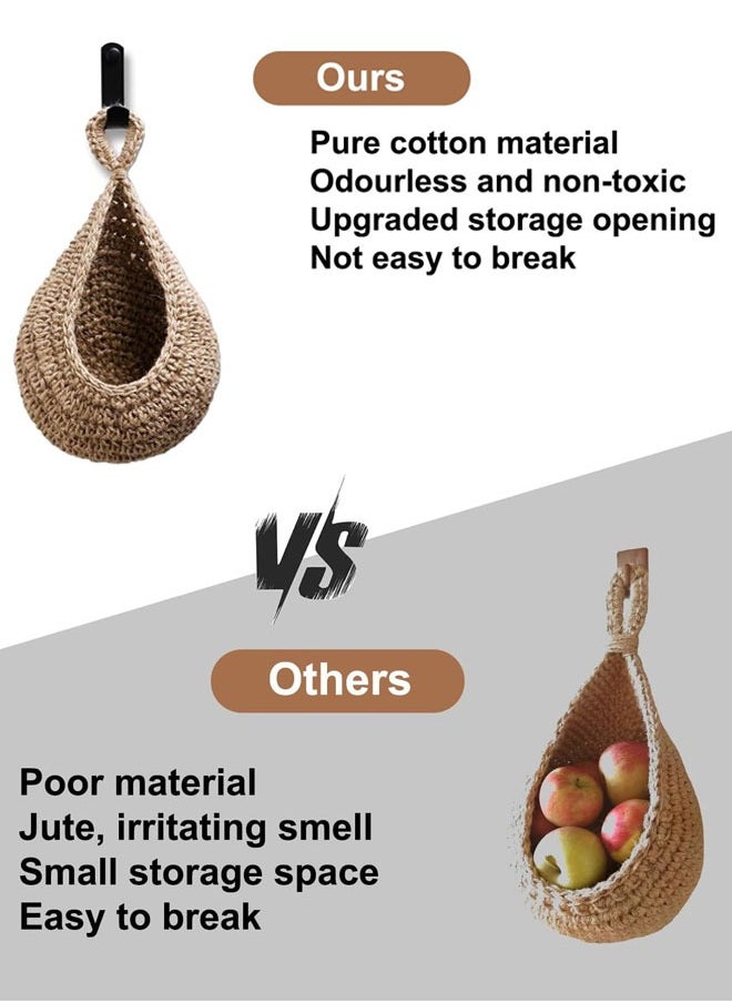وهاواي 3 Pack Hanging Fruit Baskets for Kitchen, Boho Wall Hanging Fruit Baskets with 3 Hooks, Handwoven Hanging Holder Teardrop Home Produce Basket for Fruits Vegetable Potato Onion Storage Brown  - Image 4